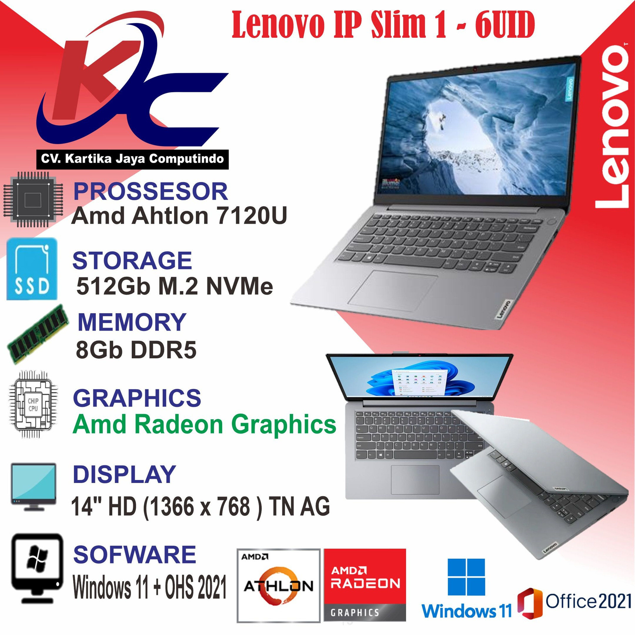 LENOVO IP 1 - 6UID  ATHL SILVER 7120U/ 8GB/ SSD 512GB/ W11 OHS GREY